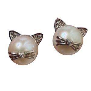 Ross-Simons 8-8.5mm Cultured Pearl Cat Earrings‎ Diamonds in Sterling Silver